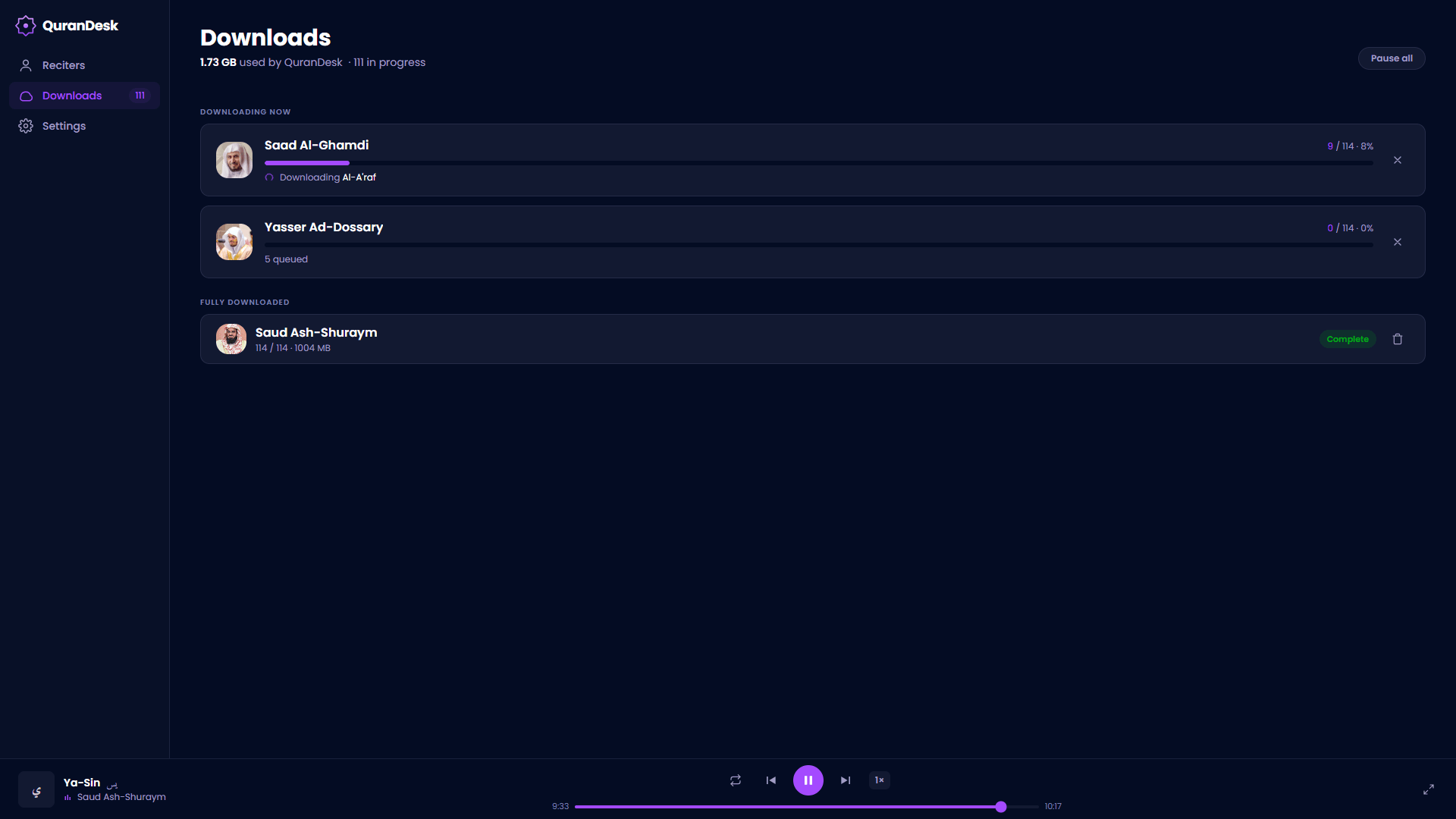 QuranDesk desktop downloads and library view