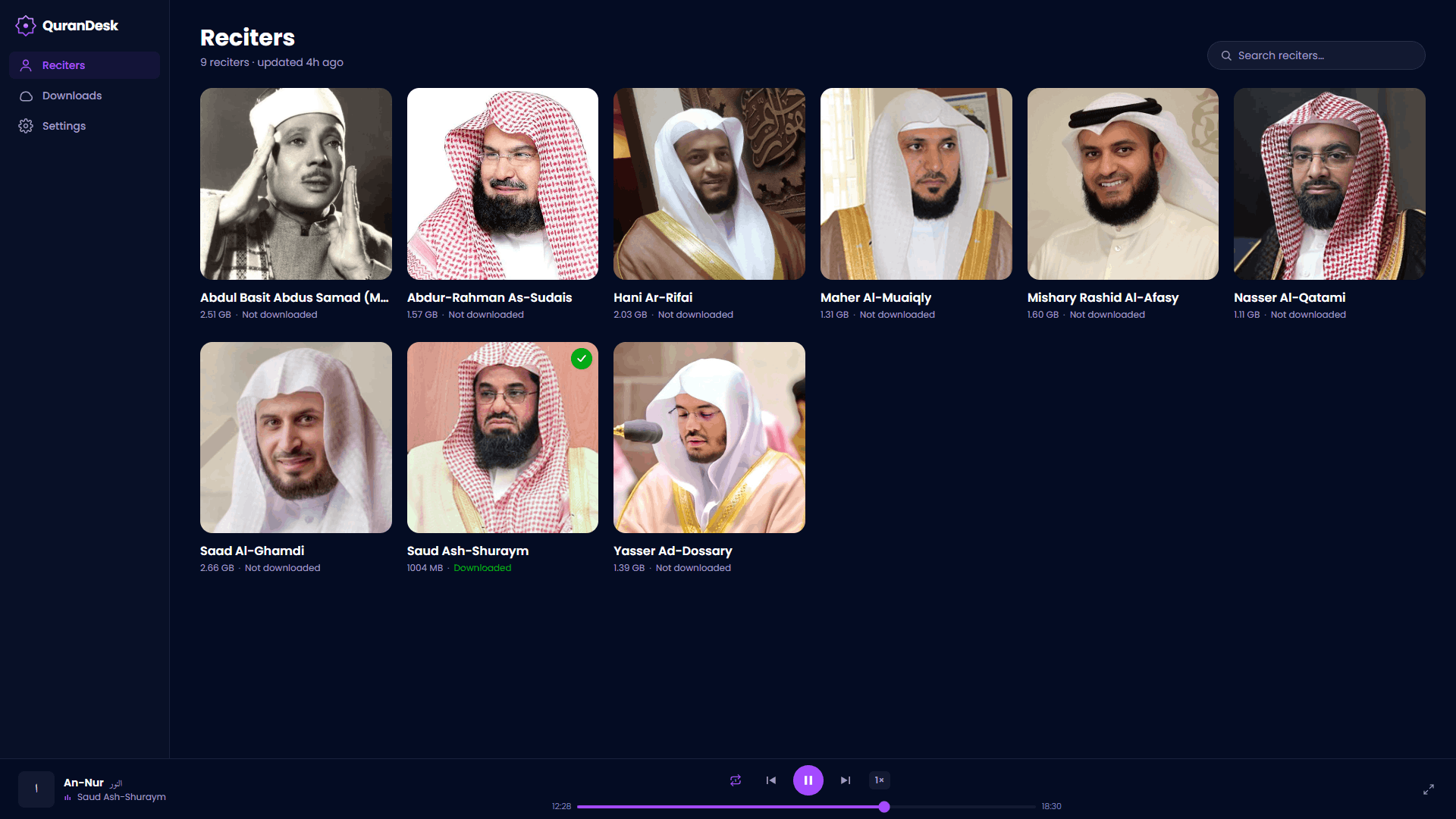 QuranDesk desktop app showing the reciter library