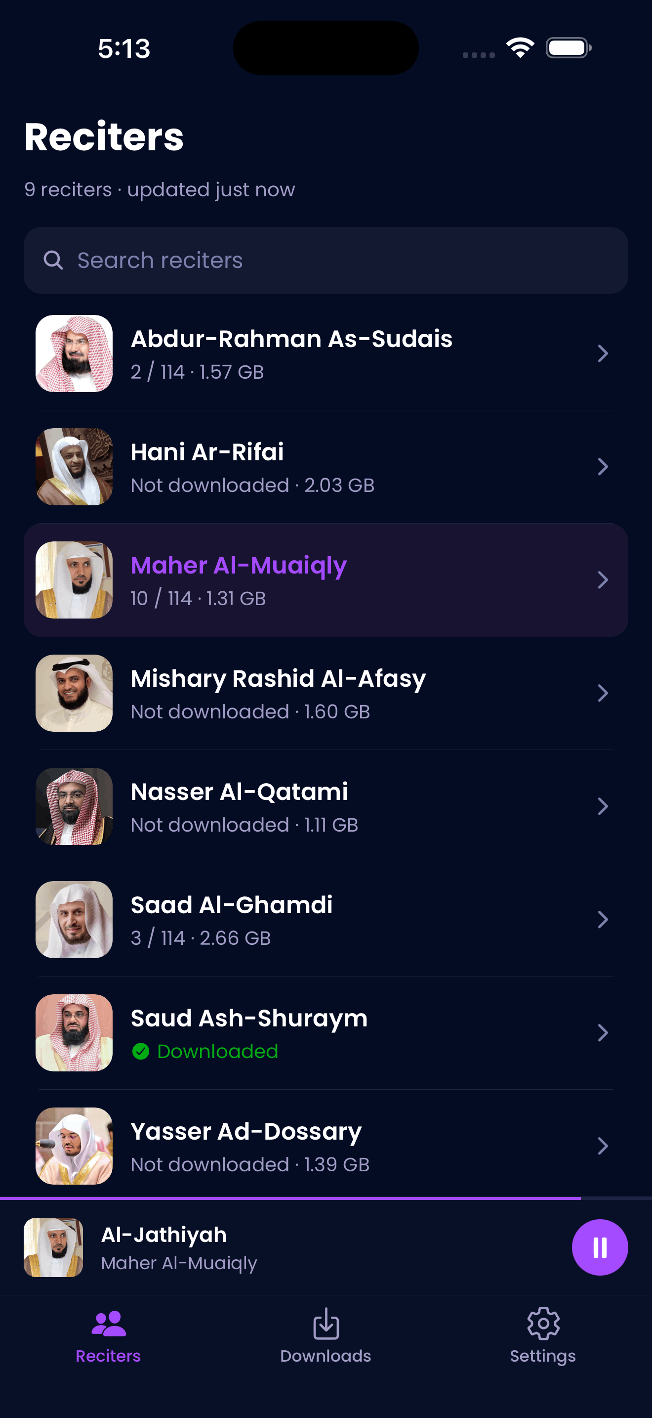 QuranDesk mobile reciters list